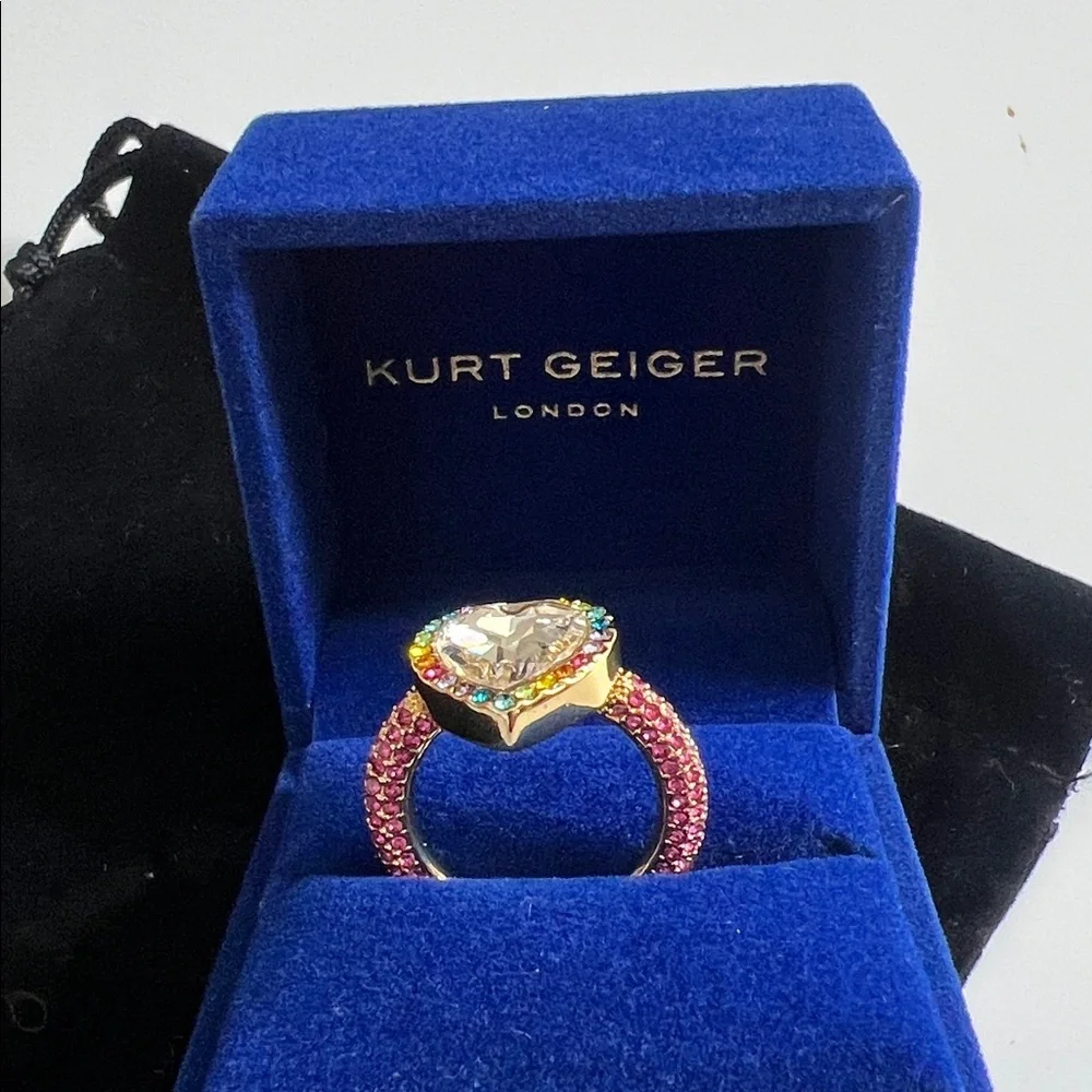 NIB Kurt Geiger London Rainbow Crystal Heart Cocktail Ring – Gold Tone/Pink - Picture 4 of 12